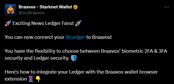 Starknet has announced a partnership with Ledger. Starknet wallets, Braavos, and Argent now support Ledger