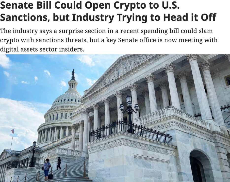 US government to possibly sanction crypto exchanges soon. A Senate bill has provisions for more control in the crypto industry to prevent the financing of terrorists—S.4443