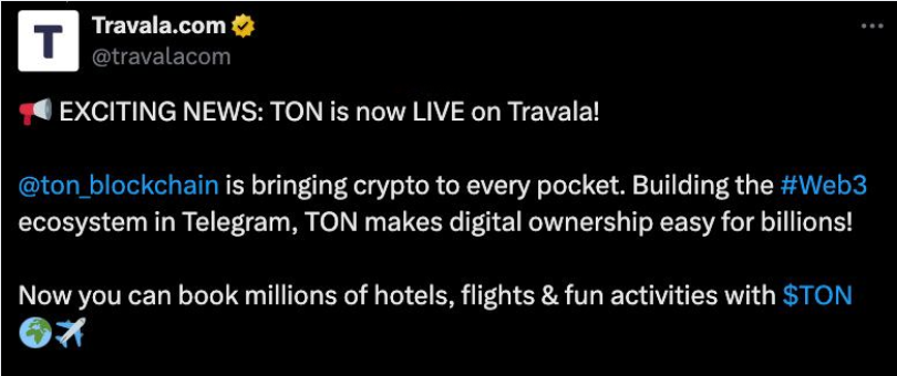 Travala has integrated Toncoin, allowing users to pay for over 3,000,000 travel services in more than 230 countries using TON. Services include airline tickets, hotel bookings, and more.
